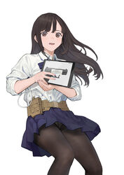  battery_indicator belt belt_pouch blue_skirt brown_eyes brown_hair cancer_(zjcconan) collared_shirt feet_out_of_frame female gun handgun highres holding holding_tablet_pc ipad long_hair looking_at_viewer low_battery_notification oerba_yun_fang original panties panties_under_pantyhose pantyhose parted_lips pouch shirt simple_background skirt solo tablet_pc underwear upskirt utility_belt walther walther_p99 weapon white_background white_shirt 