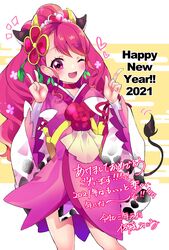  2021 ;d adapted_costume akeome animal_print bad_id bad_twitter_id blush chinese_zodiac choker commentary_request cow_horns cow_print cow_tail cowboy_shot cure_grace cure_grace_(partner_form) earrings female flower hair_flower hair_ornament hanadera_nodoka happy_new_year healin&#039;_good_precure highres horns japanese_clothes jewelry kimono long_hair looking_at_viewer magical_girl mikorin nail_polish new_year one_eye_closed open_mouth pink_choker pink_eyes pink_hair pink_nails precure signature smile solo tail tiara v year_of_the_ox 