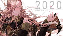  1boy 2020 absurdres alternate_costume bishounen blonde_hair collared_shirt english_text fate/grand_order fate_(series) formal green_eyes happy_new_year highres long_hair long_sleeves male_focus mizuki_(mz) new_year no_headwear shirt smile upper_body very_long_hair wolfgang_amadeus_mozart_(fate) 