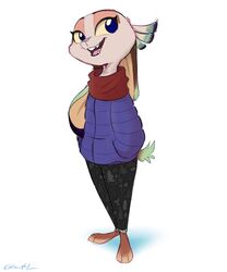  2019 3_toes anthro barefoot blue_eyes bottomwear clothed clothing coat ears_down feet fully_clothed hi_res lagomorph leporid mammal open_mouth open_smile pants pivoted_ears plantigrade rabbit ribbontail_(character) ribbontini scarf signature simple_background smile solo standing teeth toes topwear white_background 