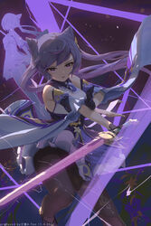  absurdres aton_(user_kufr5245) black_pantyhose cone_hair_bun detached_sleeves diamond-shaped_pupils diamond_(shape) dress female foot_out_of_frame genshin_impact glowing glowing_sword glowing_weapon hair_bun highres holding holding_sword holding_weapon keqing_(genshin_impact) lightning long_hair looking_at_viewer pantyhose parted_lips purple_dress purple_eyes purple_hair solo sword symbol-shaped_pupils twintails very_long_hair weapon 