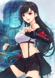  arm_guards black_hair black_thighhighs breasts crop_top earrings elbow_gloves female final_fantasy final_fantasy_vii final_fantasy_vii_remake fingerless_gloves gloves hiiro_yuki jewelry kanji large_breasts long_hair looking_at_viewer low-tied_long_hair midriff navel pleated_skirt red_eyes skirt smile solo sports_bra suspender_skirt suspenders thighhighs tifa_lockhart white_sports_bra zettai_ryouiki 