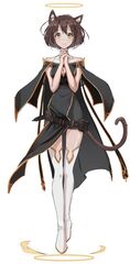  animal_ears bare_shoulders breasts brown_hair cat_ears cat_tail chinese_commentary cleavage cleavage_cutout clothing_cutout commentary female floating full_body hair_between_eyes halo highres katsuki_natsu looking_at_viewer nun original own_hands_together short_hair simple_background solo tail thighhighs white_background white_thighhighs yellow_eyes 