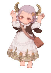  2021 bag barefoot bell closed_mouth commentary dress ear_tag female feral_lemma full_body hands_up highres horns lolicon looking_at_viewer original purple_hair red_eyes short_hair simple_background smile solo toes white_background white_dress 