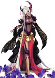  absurdly_long_hair asymmetrical_horns bare_shoulders blue_eyes breasts cleavage dark-skinned_female dark_skin dragon_girl dress female fire_emblem fire_emblem_engage hair_ornament hair_over_one_eye halterneck highres horns kakiko210 large_breasts long_hair looking_at_viewer mature_female multicolored_eyes navel pointy_ears purple_eyes purple_ribbon red_eyes revealing_clothes ribbon smile solo tan tassel tassel_hair_ornament thighs uneven_horns very_long_hair white_hair zephia_(fire_emblem) 