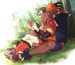  2boys bad_id bad_pixiv_id batabiru black_hoodie collared_shirt commentary_request dark-skinned_male dark_skin day earrings grass highres hood hoodie hug hug_from_behind jewelry kabu_(pokemon) male_focus multicolored_hair multiple_boys orange_headwear outdoors pokemon pokemon_(creature) pokemon_swsh raihan_(pokemon) rotom rotom_phone shirt shoes short_sleeves shorts side_slit side_slit_shorts sitting socks towel towel_around_neck two-tone_hair yaoi 