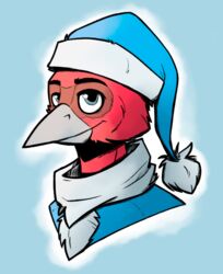  avian avio_(avioylin) beak bird christmas christmas_clothing christmas_headwear clothing enthief feathers hat headgear headshot_portrait headwear holidays male new_year portrait santa_hat simple_background smile solo 