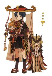  ...? 2boys ? aged_down ahoge armor bad_id bad_twitter_id black_mask blonde_hair blue_eyes blue_hair carrying closed_mouth dress earrings eyepatch female genshin_impact hat iwashi_(iwashi008) jacket japanese_armor japanese_clothes jewelry jingasa kote kurokote lace-trimmed_eyepatch lolicon long_hair mask mask_on_head multiple_boys open_mouth orange_hair purple_eyes red_mask scaramouche_(genshin_impact) signora_(genshin_impact) simple_background standing tartaglia_(genshin_impact) white_background 