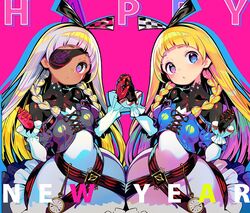  2girls alyce_(dohna_dohna) black_bodysuit black_gloves blonde_hair blue_eyes bodysuit bodysuit_under_clothes braid checkered_clothes checkered_hairband checkered_headwear clock collarbone commentary_request dark_skin dohna_dohna_issho_ni_warui_koto_o_shiyou dress eyepatch frilled_sleeves frills gloves hair_ornament hairband happy_new_year head_tilt heterochromia holding_hands long_sleeves looking_at_viewer multiple_girls new_year onono_imoko open_mouth pink_background pink_gloves siblings side_braids simple_background sisters symmetrical_pose symmetry twins white_dress yammy_(dohna_dohna) 