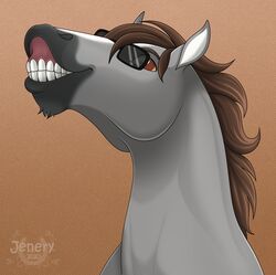  2020 absurd_res brown_eyes brown_hair dallas_prairiewind equid equine eyebrows eyewear feral flehmen_response grey_body hair hi_res horse jenery male mammal markings simple_background solo sunglasses teeth white_markings year 