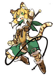  2020 anthro boots breasts clothed clothing cygames felid female footwear fur green_eyes kemono mammal markings mia_(world_flipper) pantherine scarf setouchi_kurage simple_background solo striped_body striped_fur striped_markings striped_tail stripes tail tail_markings tiger whip white_background world_flipper yellow_body yellow_fur 