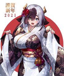  2021 :d animal_ears blush breasts brown_hair chinese_zodiac commentary cow_ears cow_horns cowboy_shot female flag_background flower furisode green_eyes grey_hair hair_flower hair_ornament hair_over_one_eye highres horns japanese_clothes japanese_flag kimono large_breasts long_hair long_sleeves looking_at_viewer multicolored_hair open_mouth original pinching_sleeves ramuya_(lamb) red_flower red_rose rose sleeves_past_wrists smile solo tassel two-tone_hair underbust wide_sleeves year_of_the_ox 