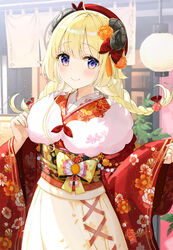  animal_ears beret blonde_hair blush bow braid closed_mouth commentary cowboy_shot day female floral_print flower fur_scarf fuumi_(radial_engine) hair_flower hair_ornament hairbow hat hololive horns japanese_clothes kimono long_hair looking_at_viewer obi official_alternate_costume official_alternate_hairstyle outdoors purple_eyes red_bow red_hat red_kimono sash sheep_ears sheep_girl sheep_horns skirt smile solo tsunomaki_watame tsunomaki_watame_(new_year) twin_braids virtual_youtuber wide_sleeves yellow_bow yellow_skirt 