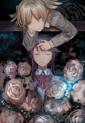  2girls absurdres aqua_eyes bad_id bad_twitter_id black_background blonde_hair bow bowtie bullfalk closed_eyes closed_mouth collared_shirt daiba_nana facing_viewer floral_background flower from_above grey_jacket hair_over_shoulder hand_on_another&#039;s_head hand_on_own_cheek hand_on_own_face head_rest highres hoshimi_junna jacket long_hair long_sleeves looking_at_viewer looking_up lying multiple_girls no_eyewear on_back pink_flower pink_rose purple_hair red_bow red_bowtie rose school_uniform seishou_music_academy_uniform shirt short_hair short_twintails shoujo_kageki_revue_starlight swept_bangs twintails white_shirt 