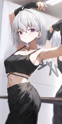  absurdres ahoge alternate_hair_length alternate_hairstyle arm_up arm_warmers armpits bare_shoulders black_pants black_shirt blurry breasts camisole crop_top depth_of_field female hand_up highres huhi_(huhi_1211) ine_(vtuber) looking_at_viewer midriff navel pants parted_lips purple_eyes reflection shirt short_hair sleeveless sleeveless_shirt small_breasts solo stomach sweat virtual_youtuber waktaverse white_hair 