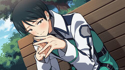  1boy asada_hachi bangs banned_artist belt bench black_belt black_hair blush brown_eyes closed_mouth cloud collared_shirt commentary day dutch_angle fingernails fingers_together first_high_school_uniform green_jacket grey_shirt hands_up highres jacket long_sleeves looking_at_viewer mahouka_koukou_no_rettousei male_focus on_bench outdoors park_bench school_uniform shadow shirt short_hair sitting sitting_on_bench sky solo steepled_fingers tree twitter_username watermark yoshida_mikihiko 