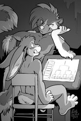  2019 2:3 anthro blush chair duo electronics furniture greyscale hair hi_res lagomorph leporid looking_at_another male mammal mephitid monitor monochrome nude paris_(pit_fighters) pit_fighters porte_(pit_fighters) rabbit rick_griffin skunk smile spotted_skunk teeth 