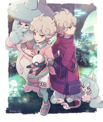  2boys ahoge bede_(pokemon) blonde_hair border coat collared_shirt commentary_request curly_hair eyelashes forest grass great_ball hatenna hatterene hattrem holding holding_poke_ball inumaru_akagi leggings lower_teeth_only male_focus multiple_boys mushroom nature open_mouth outdoors poke_ball pokemon pokemon_(creature) pokemon_swsh purple_coat shirt shoes short_hair short_sleeves shorts smile standing teeth tied_shirt twitter_username undershirt white_border 