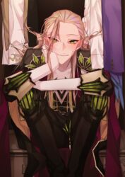  1boy bishounen blonde_hair blush closet fate/grand_order fate_(series) formal full_body gloves green_eyes hand_on_own_face high_collar highres long_hair long_sleeves male_focus mizuki_(mz) no_headwear open_mouth sitting smile solo very_long_hair white_gloves wolfgang_amadeus_mozart_(fate) 