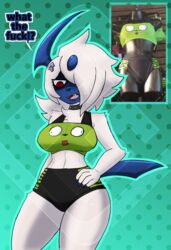  2000s_theme absol accessory anthro arkia_the_absol blue_body bra clothed clothing collar cosplay dialogue diamond_grenadier female fur generation_3_pokemon gir_(invader_zim) gir_bikini hair_accessory hairpin hi_res invader_zim midriff navel nickelodeon nintendo one_eye_obstructed pokemon pokemon_(species) reference_image reference_photo skull_hair_accessory solo sports_bra underwear white_body white_fur 