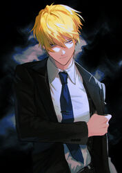  1boy a_mo_mame black_background black_jacket blonde_hair blue_necktie closed_mouth collared_shirt floating_hair formal grey_eyes hand_on_own_arm head_tilt highres jacket looking_at_viewer male_focus necktie nijisanji nijisanji_en shirt smoke solo sonny_brisko suit upper_body virtual_youtuber white_shirt 