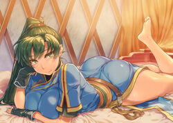  ass asymmetrical_bangs barefoot belt black_gloves blush breasts closed_mouth commission earrings feet_up female fingerless_gloves fire_emblem fire_emblem:_the_blazing_blade gloves green_eyes green_hair high_ponytail jewelry large_breasts long_hair looking_at_viewer lying lyn_(fire_emblem) obi on_stomach pixiv_commission ponytail sajittari sash short_sleeves side_slit smile solo the_pose thighs 