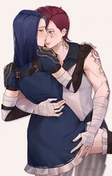  2girls artist_name bandaged_arm bandages blue_eyes blue_hair blush caitlyn_(league_of_legends) ear_piercing hand_on_another&#039;s_shoulder highres hug league_of_legends looking_at_another looking_to_the_side medium_hair miix777 multiple_girls parted_lips piercing red_hair simple_background smile twitter_username vi_(league_of_legends) yuri 