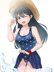  ahoge bare_arms bare_shoulders black_hair blue_one-piece_swimsuit bobokuboboku breasts brown_eyes casual_one-piece_swimsuit collarbone cowboy_shot female hair_between_eyes hat highres kantai_collection large_breasts long_hair looking_at_viewer one-piece_swimsuit one_eye_closed open_mouth polka_dot polka_dot_swimsuit simple_background smile solo straw_hat swimsuit ushio_(kancolle) ushio_(swimsuit_mode)_(kancolle) white_background 