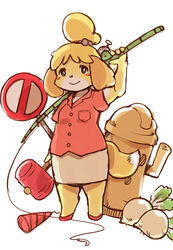  2020 animal_crossing anthro blonde_hair bottomwear canid canine canis clothed clothing domestic_dog duo female fishing_rod food fur gyroid hair hammer isabelle_(animal_crossing) mammal monotone_bottomwear monotone_clothing monotone_skirt nintendo pencil_skirt plant setouchi_kurage shirt simple_background skirt tools topwear turnip vegetable white_background yellow_body yellow_fur 