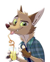  2019 anthro brown_body brown_fur canid canine cheek_tuft container cup drinking facial_tuft fangs fox fur gesture green_eyes hand_gesture head_tuft hi_res holding_container holding_cup holding_object looking_at_viewer mammal ribbontini simple_background solo straw_(disambiguation) teeth tongue tongue_out tuft v_sign vulpesvant_(character) white_background 