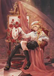  1boy blonde_hair blue_eyes chair edgar_valden fangtang303 flower frilled_skirt frills hat highres holding holding_paintbrush identity_v paintbrush petals red_flower red_rose rose rose_petals short_hair sitting skirt solo sparkle 