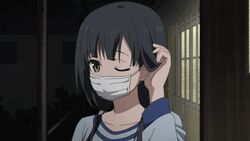  ^_^ adjusting_hair adjusting_mask animated animated anime_screenshot blue_hair closed_eyes collarbone female green_eyes indoors long_hair looking_at_viewer low_tied_hair mask mouth_mask non-web_source shirobako smile solo surgical_mask sweater talking twintails yasuhara_ema 