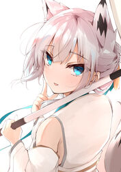  absurdres animal_ears azur_lane blue_eyes crossed_bangs extra_ears female fox_ears fox_girl highres japanese_clothes kawakaze_(azur_lane) kawakaze_(unsullied_white_fox)_(azur_lane) kimono looking_at_viewer obi official_alternate_costume oil-paper_umbrella ribbon-trimmed_clothes ribbon_trim ryou_(ryo_217cafe) sash standing umbrella white_hair white_kimono white_umbrella wide_sleeves 