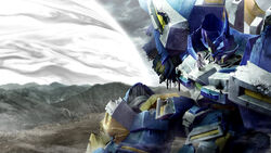  1boy armor blowing blue_armor cloud crack damaged energy_barrier game_cg grey_sky highres looking_away male_focus mecha mountain neo_granzon non-web_source robot shuu_shirakawa sitting size_difference sky super_robot_wars super_robot_wars_og_saga_masou_kishin_f_coffin_of_the_end super_robot_wars_original_generation super_robot_wars_the_lord_of_elemental 