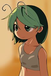  alternate_costume antennae bare_shoulders blurry blurry_background breasts brown_background closed_mouth collarbone crop_top eyebrows_hidden_by_hair female green_eyes green_hair highres light_smile looking_ahead midriff simple_background small_breasts solo swept_bangs touhou ugif upper_body wriggle_nightbug 