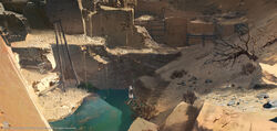  1boy assassin&#039;s_creed:_origins assassin&#039;s_creed_(series) bare_tree bayek bush cliff cloak commentary_request darkhikari day desert egyptian from_above from_behind full_body highres outdoors platform pond rock sandfall scenery shield solo standing stone tree ubisoft water watermark white_cloak wood wooden_bridge 