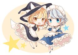  2girls :d apron back_bow bad_id bad_twitter_id black_headwear black_skirt black_vest blonde_hair blue_dress blue_eyes bow braid chibi commentary_request dress eyelashes frilled_apron frills hair_ribbon hat hat_bow hat_ribbon highres holding_hands izayoi_sakuya kirisame_marisa long_hair long_sleeves looking_at_viewer maid_apron multiple_girls open_mouth petticoat puffy_sleeves red_ribbon ribbon sash short_hair sidelocks signature skirt smile souta_(karasu_no_ouchi) sparkle star_(symbol) touhou tress_ribbon twin_braids vest waist_apron white_apron white_bow white_ribbon white_sash witch_hat yellow_eyes 