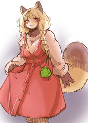  2020 anthro blonde_hair blush braided_hair canid canine clothed clothing dress female fur hair kemono mammal purple_eyes raccoon_dog setouchi_kurage solo tan_body tan_fur tanuki 