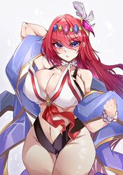  alexiel_(summer)_(granblue_fantasy) arm_up blue_eyes breasts cleavage feathers female godsworn_alexiel granblue_fantasy headgear highres kive large_breasts long_hair navel red_hair solo swimsuit 