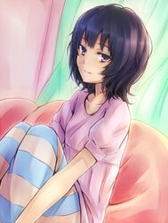  bean_bag_chair black_hair blue_leggings breasts collarbone commentary curtains female from_side hourou_musuko inaba-no-kuni-tottori knees_up leggings light_smile looking_at_viewer looking_to_the_side messy_hair pink_shirt puffy_short_sleeves puffy_sleeves purple_eyes shirt short_hair short_sleeves sitting small_breasts solo striped striped_leggings suehiro_anna wavy_hair white_leggings 