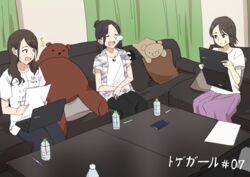  3girls ^^^ absurdres bendy_straw black_hair black_pants bottle brown_eyes brown_hair clothes_writing commentary computer couch curtains drinking_straw hair_bun highres indoors jacket kuroki_honoka laptop long_hair misaki_nonaka multiple_girls nose_bubble on_couch open_clothes open_jacket open_mouth pants pencil pillow purple_skirt real_life shirt short_sleeves single_hair_bun sitting skirt stuffed_animal stuffed_toy suzumoto_akiho sweat table teddy_bear translated voice_actor white_shirt yukimura_eri 