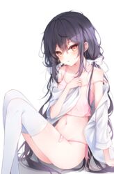  ass bandaid bare_shoulders beliatan black_hair camisole crop_top embarrassed feet_out_of_frame female hand_on_own_chest highres long_hair looking_at_viewer navel no_panties off_shoulder open_clothes open_shirt original panties parted_lips pink_panties pink_shirt red_eyes shirt side-tie_panties sidelocks sitting sleeveless sleeveless_shirt solo spaghetti_strap stomach strap_slip string_panties thighhighs thighs underwear very_long_hair white_shirt white_thighhighs 