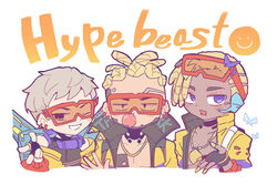  2boys animification apex_legends black_gloves blonde_hair blue_eyes blush cosplay crypto_(apex_legends) crypto_(apex_legends)_(cosplay) dark-skinned_male dark_skin dreadlocks eyewear_on_head female fingerless_gloves gloves grey_hair hair_behind_ear headset highres hype_beast_crypto jacket lip_piercing multiple_boys nojima_minami official_alternate_costume one_eye_closed open_hand piercing portrait sanpaku seer_(apex_legends) v v-shaped_eyebrows valkyrie_(apex_legends) white_background yellow_jacket 