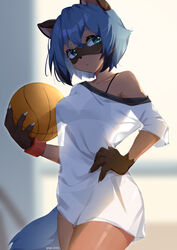  absurdres animal_ears ball basketball basketball_(object) black_bra blue_eyes blue_hair body_fur bra brand_new_animal breasts commentary female furry furry_female hand_on_own_hip highres kagemori_michiru no_pants off_shoulder raccoon_ears raccoon_girl raccoon_tail see-through shao_(shaorouhong) shirt short_hair solo tail underwear white_shirt wristband 