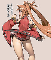  ass backboob blush breasts brown_hair china_dress chinese_clothes detached_sleeves dress female from_behind guilty_gear guilty_gear_xrd hair_rings kneepits kuradoberi_jam long_hair medium_breasts microdress microskirt photoshop_(medium) pink_skirt red_eyes skirt solo translation_request wide_sleeves ysk! 