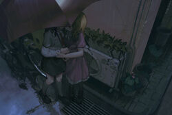  2girls air_conditioner armband artist_name bicycle black_footwear black_legwear black_skirt blonde_hair brown_footwear brown_hair brown_legwear closed_eyes commentary crack cracked_wall dated dress dutch_angle from_above furahata_gen grate hand_on_another&#039;s_arm holding holding_umbrella implied_kiss kneehighs long_hair long_sleeves maribel_hearn mary_janes multiple_girls necktie night no_headwear outdoors pantyhose plant potted_plant puffy_short_sleeves puffy_sleeves purple_dress rain red_necktie reflection sewer_grate shared_umbrella shirt shoes short_hair short_sleeves skirt socks standing stucco touhou umbrella under_umbrella usami_renko white_shirt yuri 