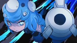  blue_eyes blue_hair cats_yone closed_mouth female ghost_in_the_shell ghost_in_the_shell_stand_alone_complex gloves gun hair_ornament highres kemono_friends kemono_friends_3 looking_at_viewer shirt shoes short_hair simple_background skirt solo standing tachikoma_type-s_(kemono_friends) weapon 