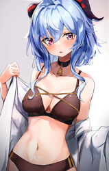  absurdres bad_id bad_twitter_id bell blue_hair blush breasts collarbone cowboy_shot female ganyu_(genshin_impact) genshin_impact highres horns long_hair looking_at_viewer medium_breasts nanashinayuzu_mochi navel neck_bell open_mouth purple_eyes shirt sidelocks solo standing swimsuit undressing white_shirt 