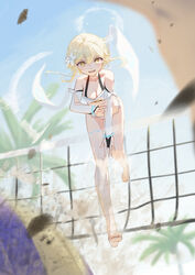  absurdres alternate_costume aton_(user_kufr5245) barefoot bikini blonde_hair breasts bridal_gauntlets day female floating flower full_body genshin_impact hair_between_eyes hair_flower hair_ornament highres looking_at_viewer lumine_(genshin_impact) medium_breasts open_mouth outdoors palm_tree sky smile solo swimsuit thigh_strap tree volleyball_net white_bikini white_flower yellow_eyes 