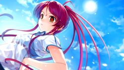  blue_sky day dutch_angle female floating_hair game_cg hair_between_eyes hand_on_own_hip long_hair misaki_kurehito miyamae_tomoka navel official_art outdoors red_hair see-through shirt short_sleeves sky solo suiheisen_made_nan_mile? swept_bangs upper_body very_long_hair wet wet_clothes wet_shirt white_shirt yellow_eyes 